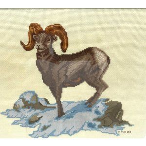 Bighorn Sheep Ram Cross Stitch Framed Picture Completed Rustic Decor 15" Square